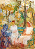 Signora e balia in giardino, anni ’50, olio su tela, cm 40x30, San Giorgio a Cremano (Na), collezione privata
